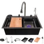 Multifunction Sink- Nano Black 304-Grade Kitchen Sink with Integrated Waterfall, Pull-Out & RO Faucet (30 x 18 x 9 Inches)